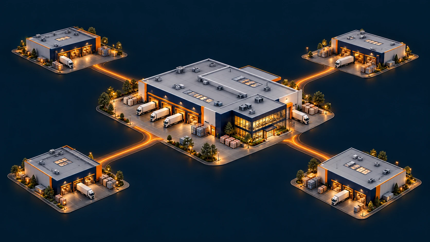 Illustration 3D des moyens et des agences réunis autour d’un centre de gestion