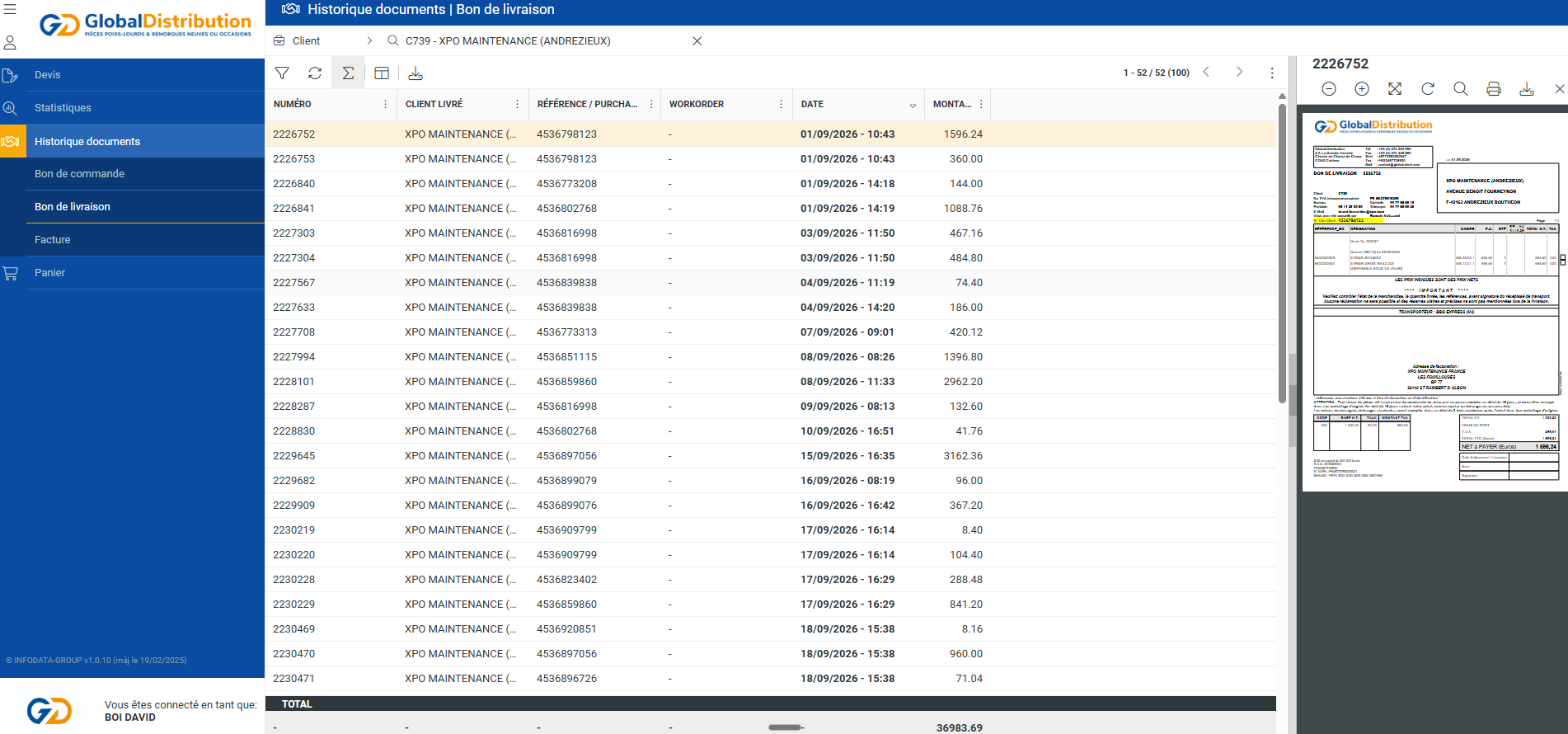Portail Global : historique des documents et bons de livraison XPO